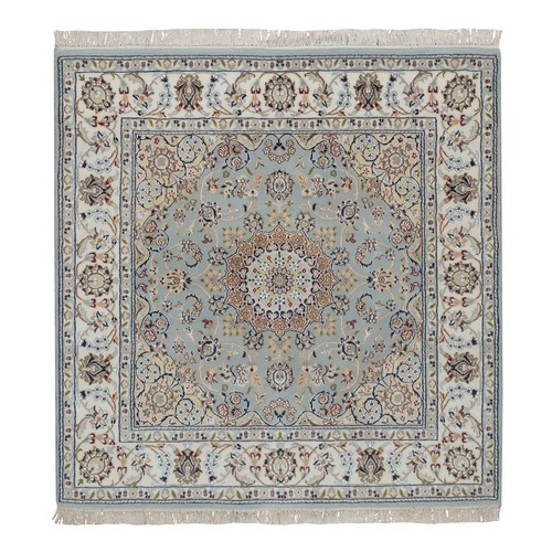 Light Blue, 250 KPSI, Nain with Flower Medallion Design, Soft Pile, Wool and Silk, Hand Knotted, Square, Oriental Rug