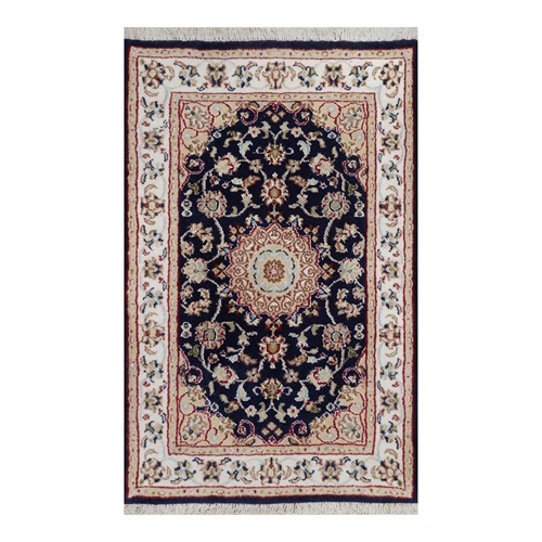 Peacock Blue, 250 KPSI, Nain with Flower Medallion Design, Wool & Silk, Hand Knotted, Soft Pile, Mat, Sample, Oriental 