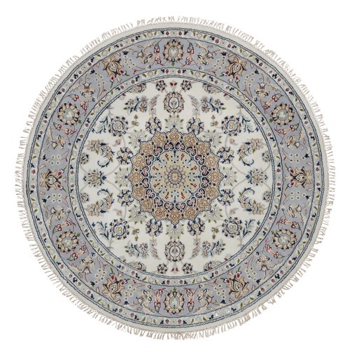 Alabaster White, Nain with Flower Medallion Design, 250 KPSI, Soft Pile, Wool and Silk, Hand Knotted, Round, Oriental 