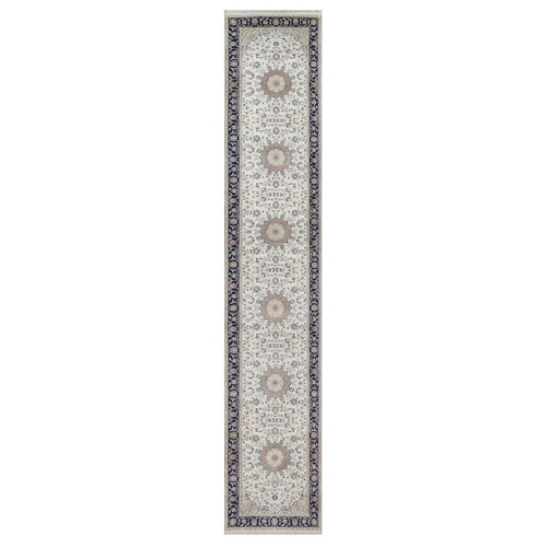 Daisy White, 250 KPSI, Soft Pile, Nain with Flower Medallions Design, Wool & Silk, Hand Knotted, Runner, Oriental 