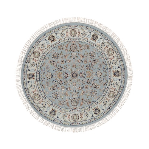 Pigeon Blue, Wool and Silk, 250 KPSI, Nain with All Over Design, Hand Knotted, Soft Pile, Round, Oriental 