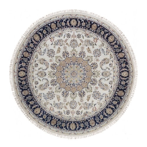 Pearl White, Wool and Silk, 250 KPSI, Nain with Flower Medallion Design, Hand Knotted, Soft Pile, Round, Oriental 