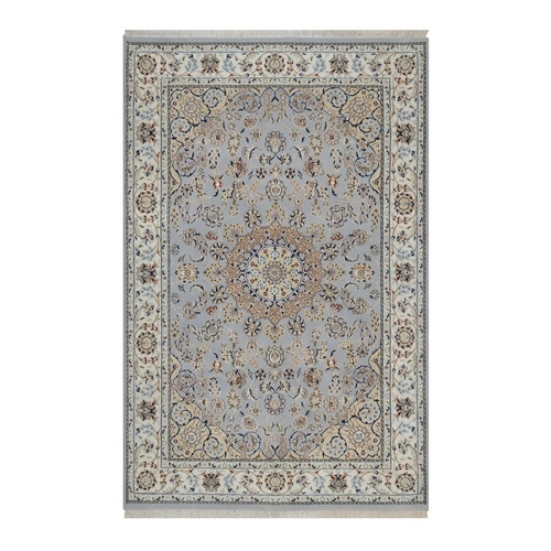 Beau Blue, Nain with Flower Medallion Design, Wool and Silk, 250 KPSI, Soft Pile, Hand Knotted, Oriental 