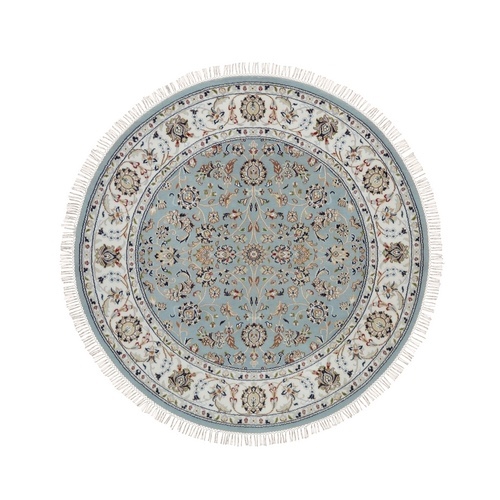 Pigeon Blue, 250 KPSI, Hand Knotted, Nain with Flower Medallion Design, Wool and Silk, Round, Oriental 