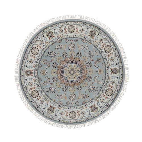 Stone Blue, Nain with Flower Medallion Design, Hand Knotted, Soft Pile, Wool and Silk, Round, Oriental 