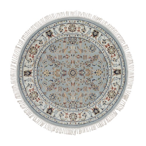 Stone Blue, Soft Pile, Wool and Silk, 250 KPSI, Nain with All Over Design, Hand Knotted, Round, Oriental 