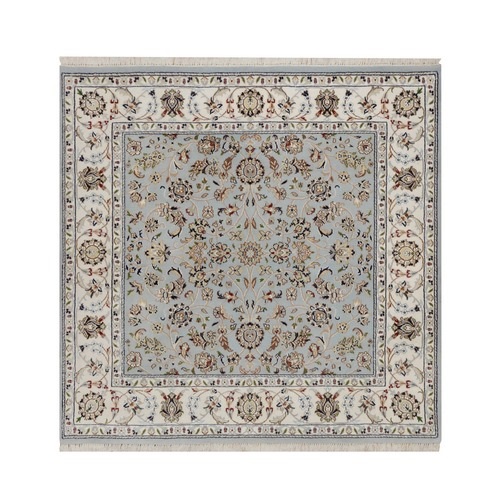 Slate Blue, Nain with All Over Design, 250 KPSI, Soft Pile, Wool and Silk, Hand Knotted, Square, Oriental 
