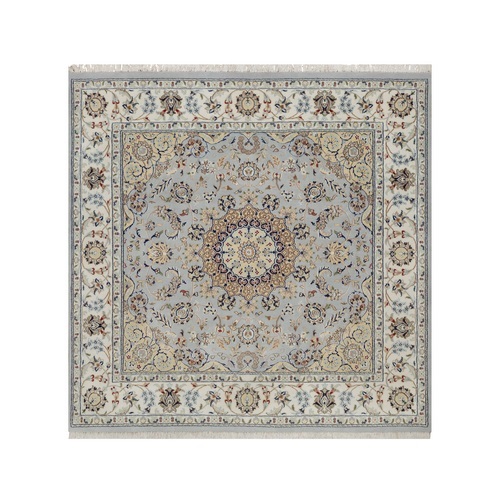 Light Blue, Wool and Silk, Nain with Flower Medallion Design, Soft Pile, 250 KPSI, Hand Knotted, Square, Oriental 
