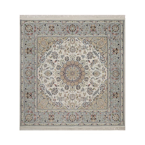 Pearl White, 250 KPSI, Soft Pile, Nain with Flower Medallion Design, Wool and Silk, Hand Knotted, Square, Oriental 