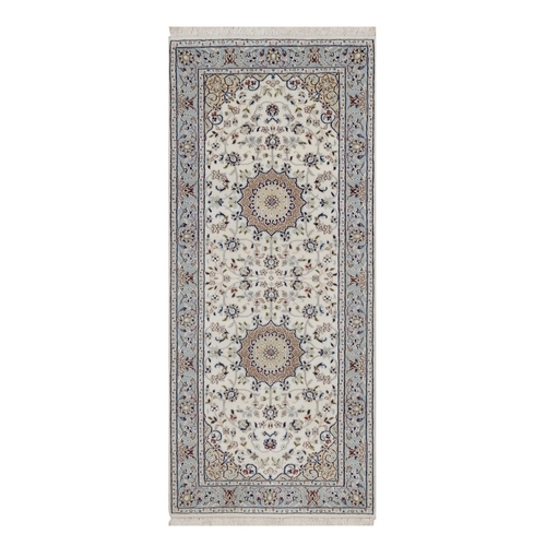 Daisy White, 250 KPSI, Nain with Flower Medallions Design, Hand Knotted, Soft Pile, Wool and Silk, Runner, Oriental 