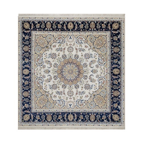 Pristine White, Nain with Flower Medallion Design, 250 KPSI, Soft Pile, Wool and Silk, Hand Knotted, Square, Oriental 