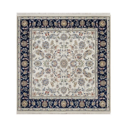 Ceramic White, Nain with All Over Design, 250 KPSI, Soft Pile, Wool and Silk, Hand Knotted, Square, Oriental 