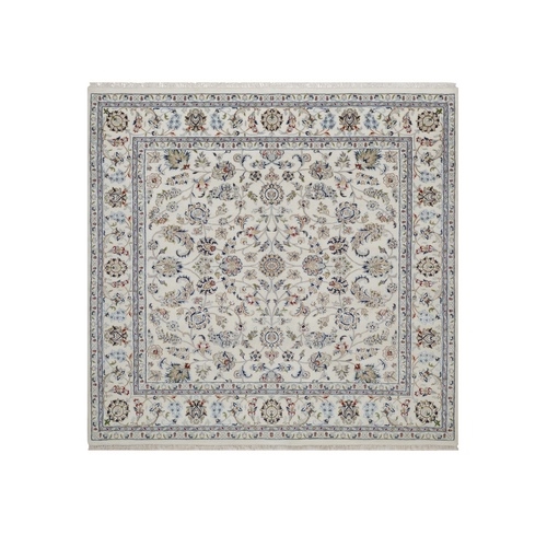 Pearl White, Nain with All Over Design, 250 KPSI, Soft Pile, Wool and Silk, Hand Knotted, Square, Oriental 
