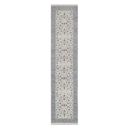Daisy White, Nain with All Over Design, 250 KPSI, Soft Pile, Hand Knotted, Wool and Silk, Runner, Oriental 