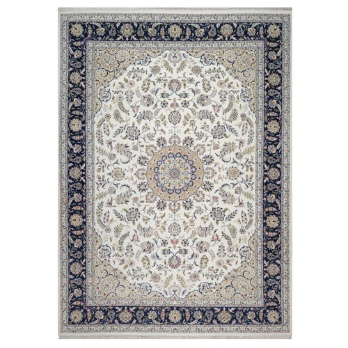 Pearl White, Wool and Silk, Nain with Flower Medallion Design, Hand Knotted, 250 KPSI, Soft Pile, Oriental 