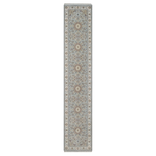 Beau Blue, Nain with Flower Medallions Design, Soft Pile, 250 KPSI, Wool and Silk, Hand Knotted, Runner, Oriental 