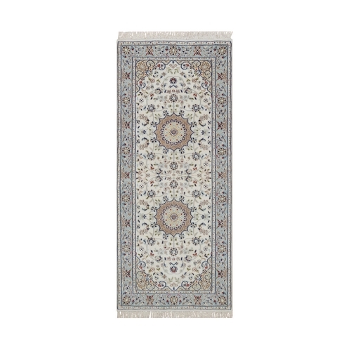 Bone White, Wool and Silk, 250 KPSI, Nain with Flower Medallion Design, Hand Knotted, Soft Pile, Runner, Oriental 