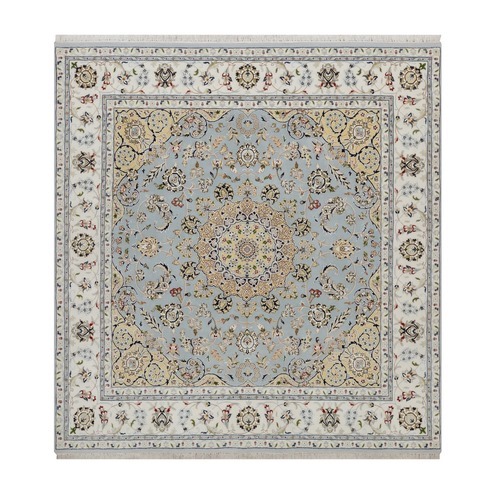 Light Blue, Wool and Silk, 250 KPSI, Soft Pile, Nain with Flower Medallion Design, Hand Knotted, Square, Oriental 