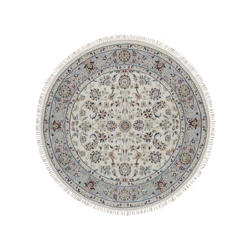 Rice White, Nain with All Over Design, 250 KPSI, Soft Pile, Wool and Silk, Hand Knotted, Round, Oriental 