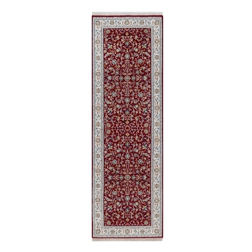 Berry Red, Nain with All Over Design, Soft Pile, Wool and Silk, 250 KPSI, Hand Knotted, Runner, Oriental 