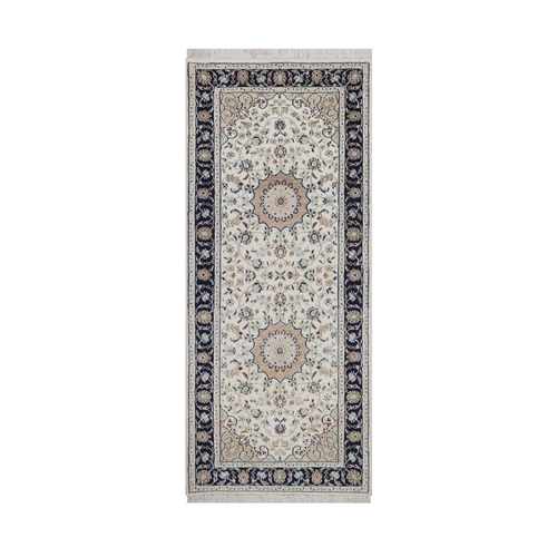 Daisy White, Wool and Silk, Nain with Flower Medallions Design, Hand Knotted, 250 KPSI, Soft Pile, Runner, Oriental 