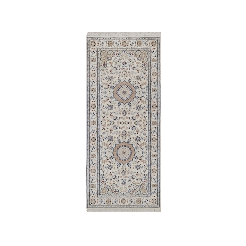 Pearl White, Wool and Silk, 250 KPSI, Nain with Flower Medallion Design, Hand Knotted, Soft Pile, Runner, Oriental 