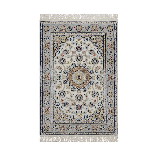 Powder White, Nain with Flower Medallion Design, Hand Knotted, Soft Pile, Wool and Silk, 250 KPSI, Mat, Sample, Oriental 