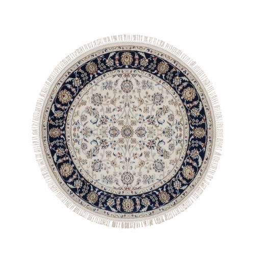 Pearl White, 250 KPSI, Soft Pile, Wool and Silk, Nain with All Over Design, Hand Knotted, Round, Oriental 