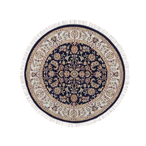 Midnight Blue, Wool and Silk, 250 KPSI, Nain with All Over Design, Hand Knotted, Soft Pile, Round, Oriental 