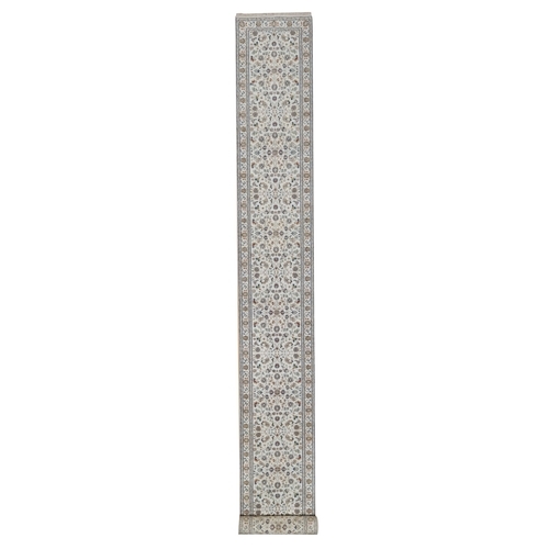 Porcelain White, 250 KPSI, Nain with All Over Design, Soft Pile, Wool and Silk, Hand Knotted, XL Runner Oriental 