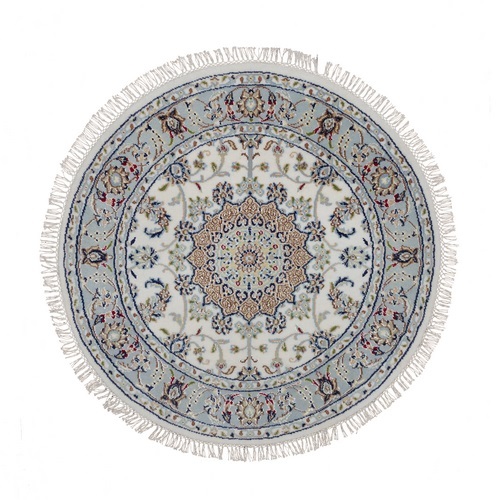 Daisy White, Nain with Flower Medallion Design, Hand Knotted, 250 KPSI, Soft Pile, Wool and Silk, Round, Oriental 