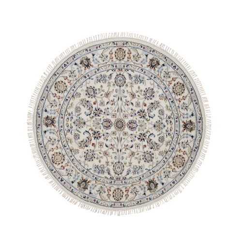 Alabaster White, Nain with All Over Design, 250 KPSI, Soft Pile, Wool and Silk, Hand Knotted, Round, Oriental Rug