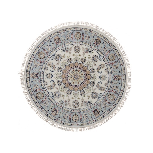 Salt White, 250 KPSI, Nain with Flower Medallion Design, Soft Pile, Wool and Silk, Hand Knotted, Round, Oriental Rug