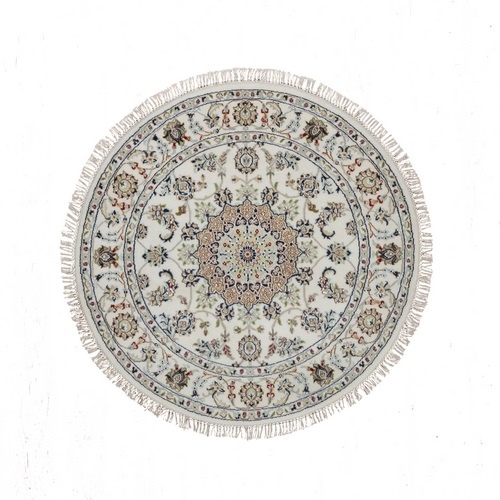 Powder White, Nain with Flower Medallion Design, Soft Pile, 250 KPSI, Wool and Silk, Hand Knotted, Round, Oriental 