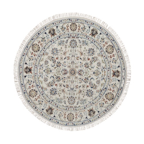 Snow White, Nain with All Over Design, Wool and Silk, 250 KPSI, Hand Knotted, Soft Pile, Round, Oriental Rug