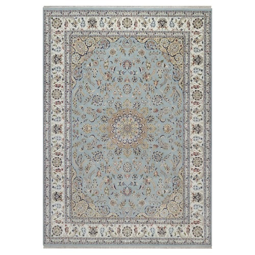 Beau Blue, Nain with Flower Medallion Design, 250 KPSI, Soft Pile, Wool and Silk, Hand Knotted, Oriental 