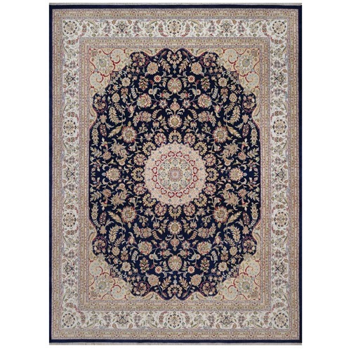 Polo Blue, Wool and Silk, 250 KPSI, Nain with Flower Medallion Design, Hand Knotted, Soft Pile, XL, Oversized, Oriental 