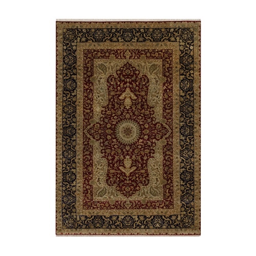 Wine Red, Super Fine Wool and Silk, 300 KPSI, Indo Tabriz with Medallion Design, Hand Knotted, Oriental 