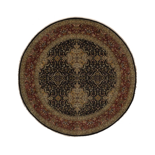 Phantom Black, Intricate Kashan Revival, Hand Knotted, Hand Spun New Zealand Wool, 300 KPSI, Round, Oriental 