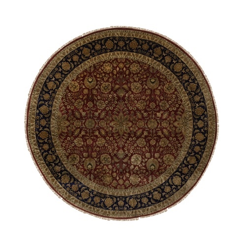 Syrah Red, Wool and Silk, Persian Kashan Design, 300 KPSI, Hand Knotted, Round, Oriental 
