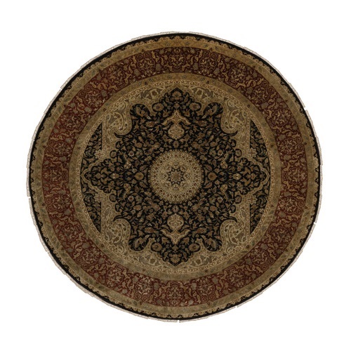 Caviar Black, Indo Tabriz with Medallion Design, Super Fine Wool and Silk, 300 KPSI, Hand Knotted, Round, Oriental 
