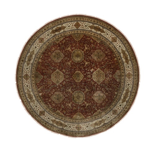 Currant Red, Kashan Revival, 300 KPSI, Hand Knotted, Hand Spun New Zealand Wool, Round, Oriental 