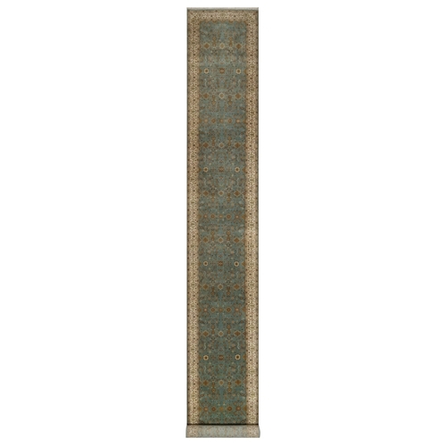 Turkish Blue, Tabriz Revival, Hand Spun New Zealand Wool, Hand Knotted, 300 KPSI, XL Runner, Oriental 