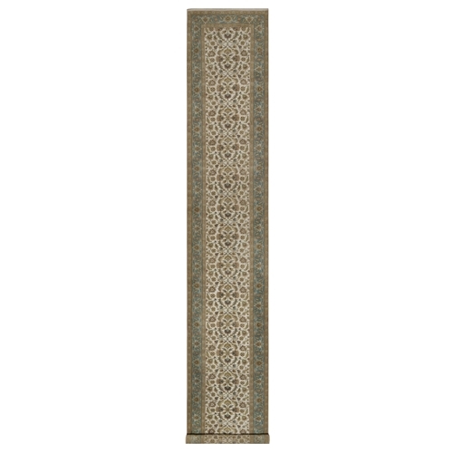 Swan White, Kashan Design, 300 KPSI, Hand Spun New Zealand Wool, Hand Knotted, XL Runner, Oriental 