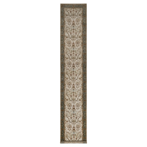 Alabaster White, Tabriz Revival, Hand Knotted, Hand Spun New Zealand Wool, 300 KPSI, XL Runner, Oriental 