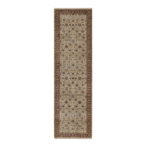 Swan White, Hand Knotted, Kashan Design, 300 KPSI, Hand Spun New Zealand Wool, Runner, Oriental 