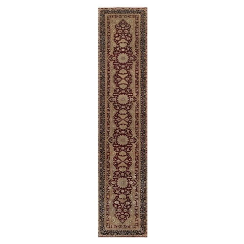 Wine Red, Super Fine Wool and Silk, 300 KPSI, Indo Tabriz with Medallion Design, Hand Knotted, Runner, Oriental 