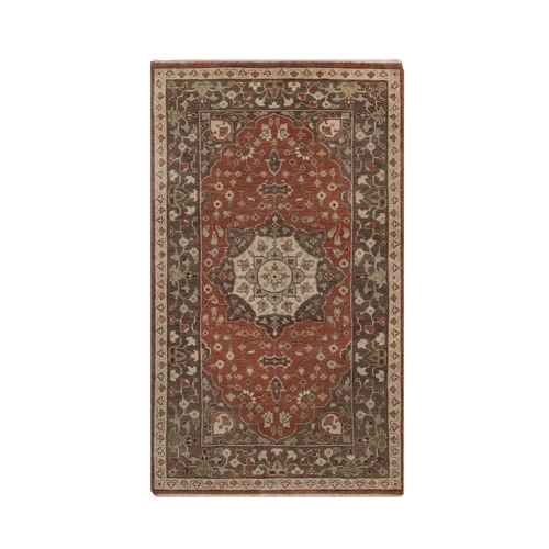 Rust Red with Brown, Tabriz Haja Jalili Re-Creation with Flower Medallion Design, Hand Knotted, Hand Spun New Zealand Wool, Denser Weave, Oriental 