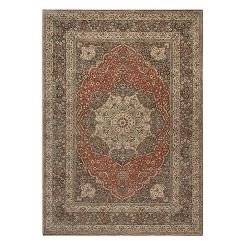 Rust Red with Brown, Tabriz Haja Jalili Re-Creation with Flower Medallion Design, Hand Knotted, Hand Spun New Zealand Wool, Denser Weave, Vegetable Dyes, Oriental 