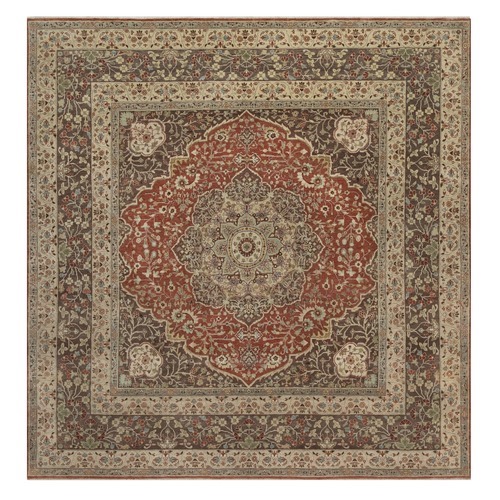 Rust Red with Brown, Tabriz Haja Jalili Re-Creation with Flower Medallion Design, Hand Knotted, Hand Spun New Zealand Wool, Denser Weave, Square, Oriental 